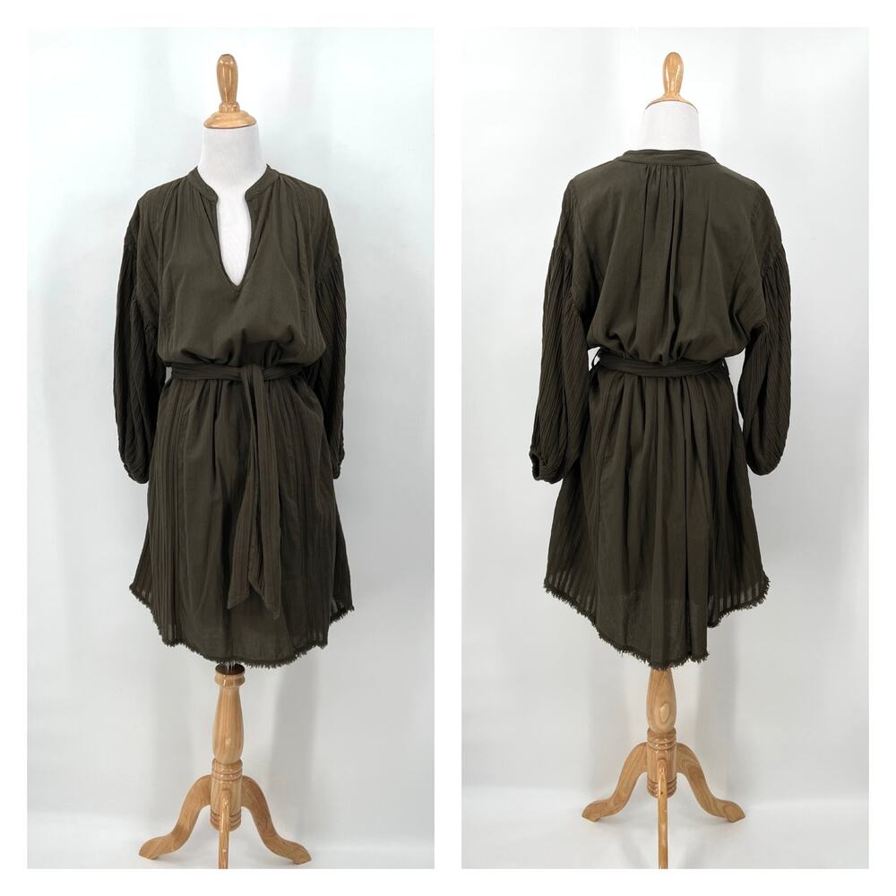 PHARAOH COLLECTION Cotton Gauze Dress Women Small Olive Green Belted Balloon NEW